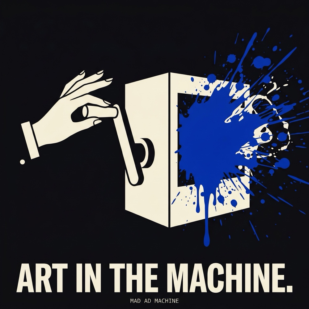 Noir poster: a hand turning a crank on a small box, blue paint erupting from the other side. Headline: Art in the Machine.