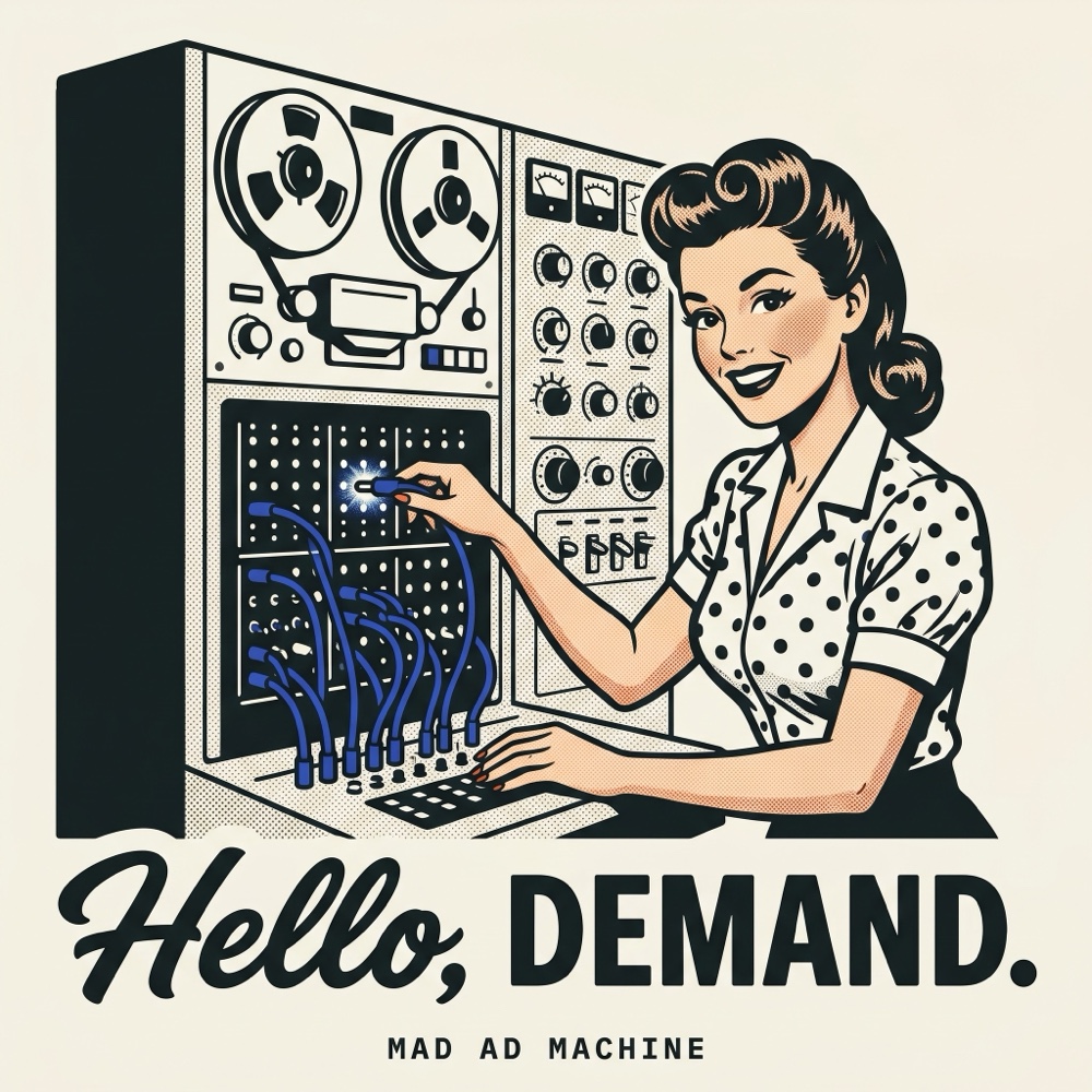 Bureau poster: a switchboard operator patching blue cables into the Machine. Headline: Hello, Demand.