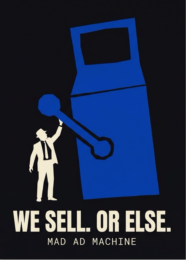 Noir poster: a small ad man pulling the giant lever of a Klein blue machine. Headline: We Sell. Or Else.