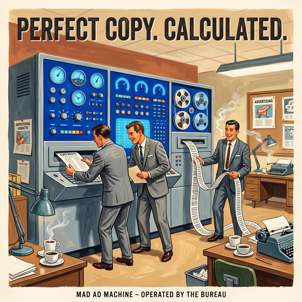 Bureau poster: ad men in suits pulling fresh copy from the Machine. Headline: Perfect Copy. Calculated.