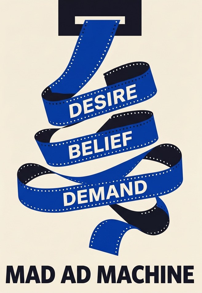 Bureau poster: ticker tape unspooling from a slot, spelling Desire, Belief, Demand.