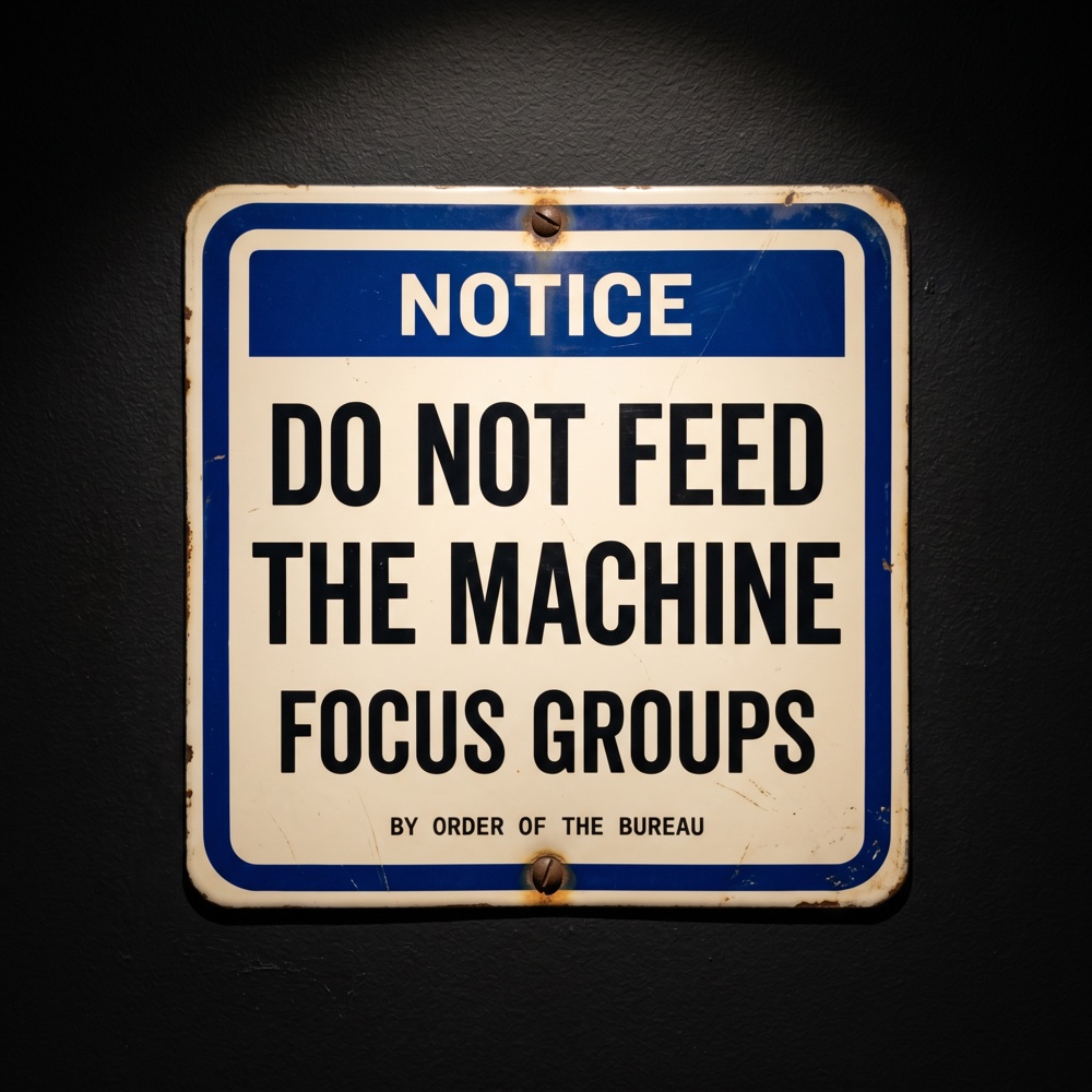 Enamel notice plaque: Do Not Feed the Machine Focus Groups. By order of the Bureau.